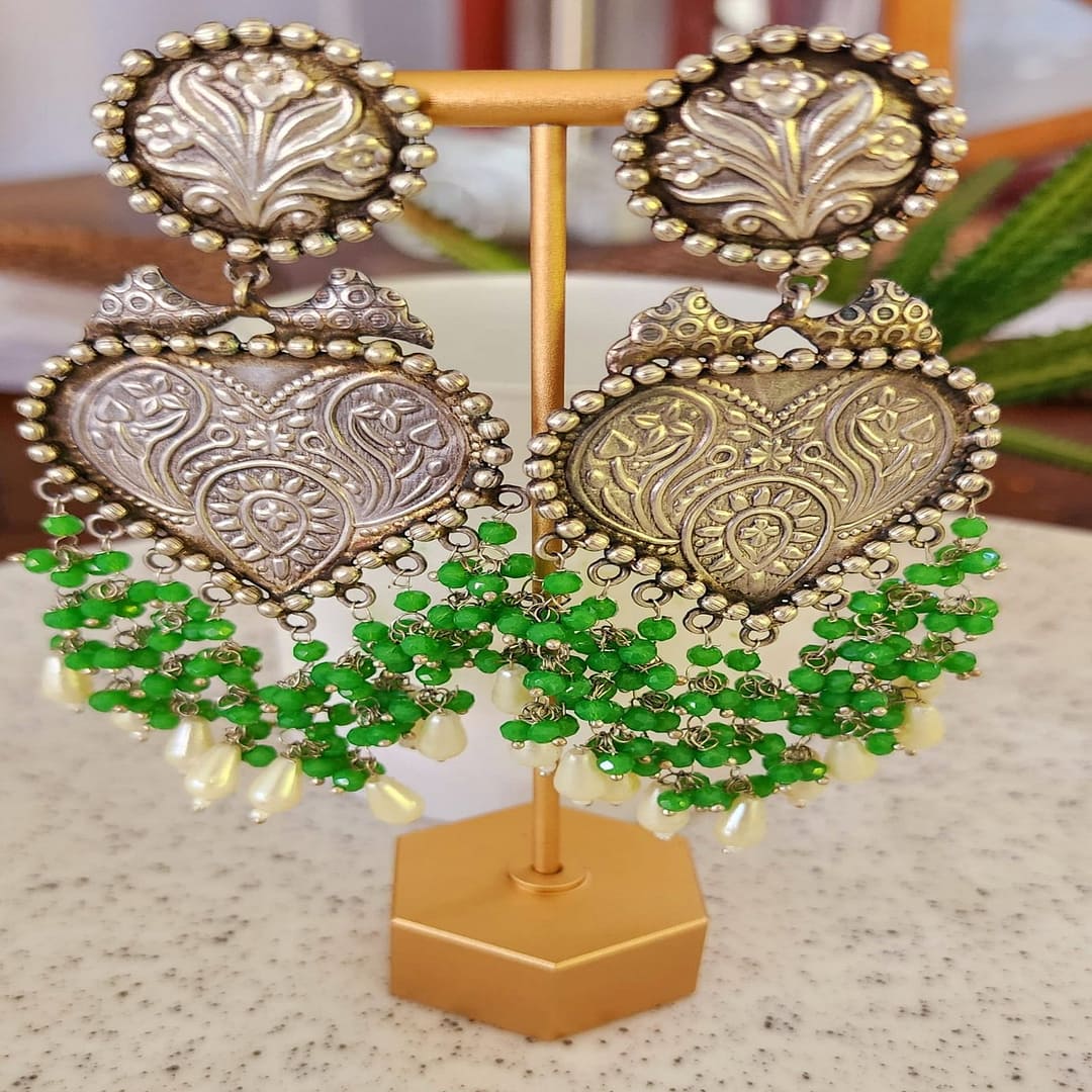 Green Beads Earrings in German Silver
