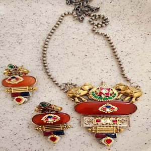 Necklace Set with Earrings in Brass and German Silver Boho
