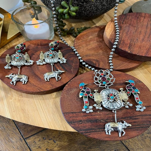 Necklace Set German Silver Green Monalisa stone