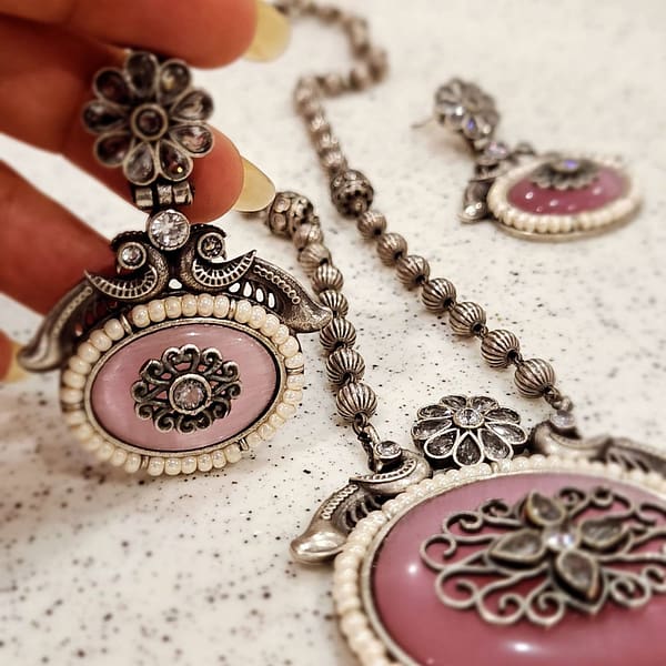Necklace Set German Silver Green Monalisa stone