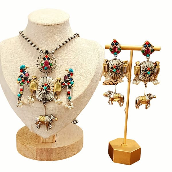 Necklace Set German Silver Green Monalisa stone