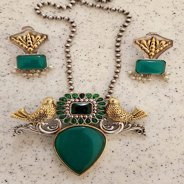 Necklace Set German Silver Green Monalisa stone