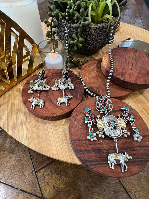 Necklace Set German Silver Green Monalisa stone