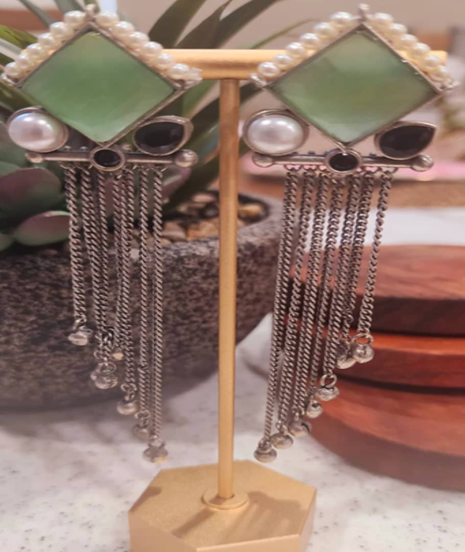 German Silver Earrings with intricate cascade of silver chains